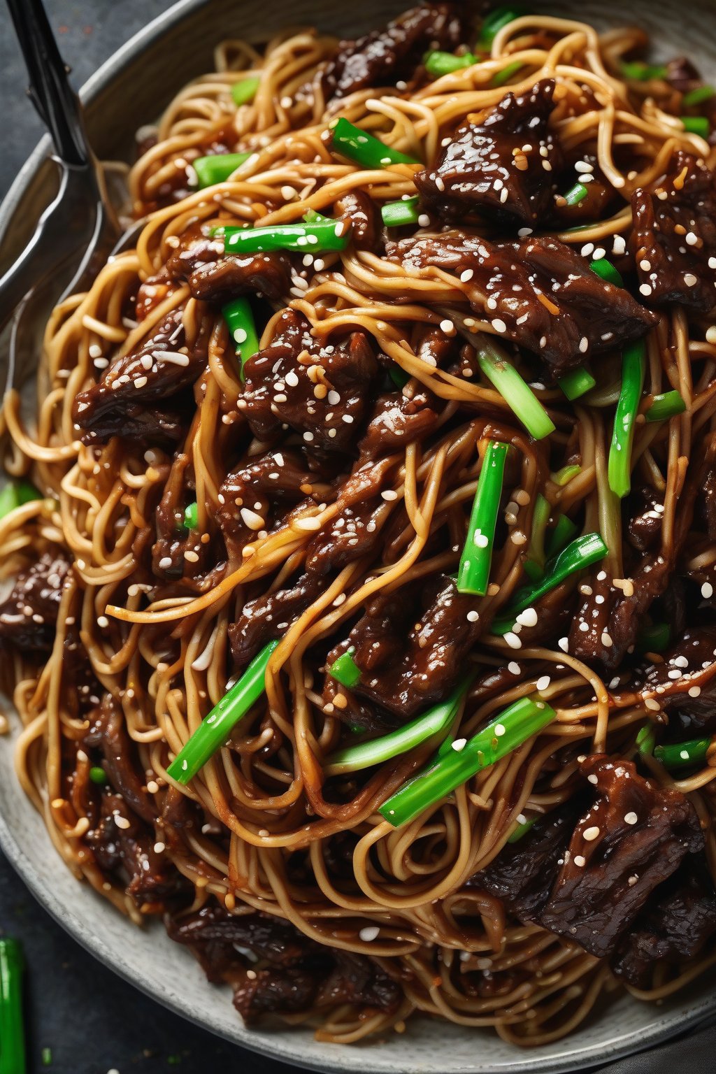 A high-resolution photo of sticky Mongolian beef lo mein piled high under soft lighting.