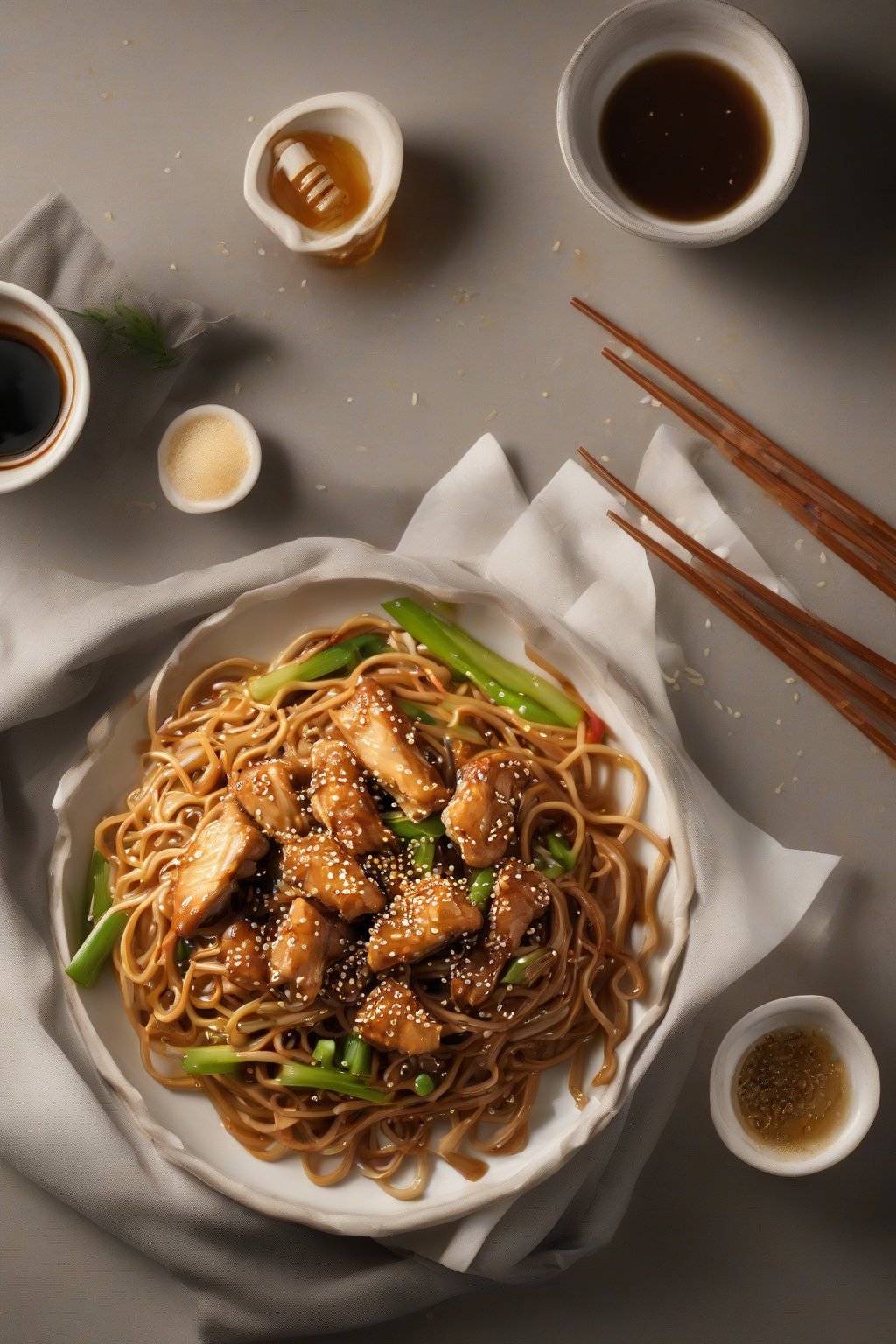 A high-resolution photo of sesame-crusted chicken lo mein with glossy honey sauce under soft lighting.