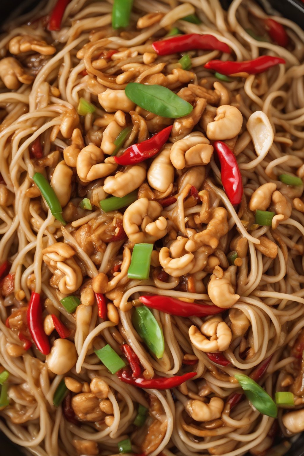 A high-resolution photo of kung pao lo mein with peanuts and red chilies under soft lighting.