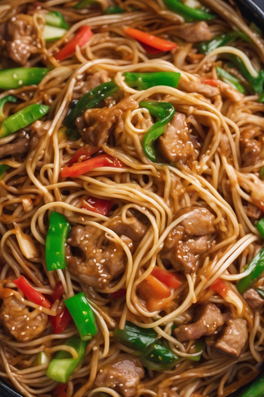 A high-resolution photo of colorful sweet and sour pork lo mein under soft lighting.