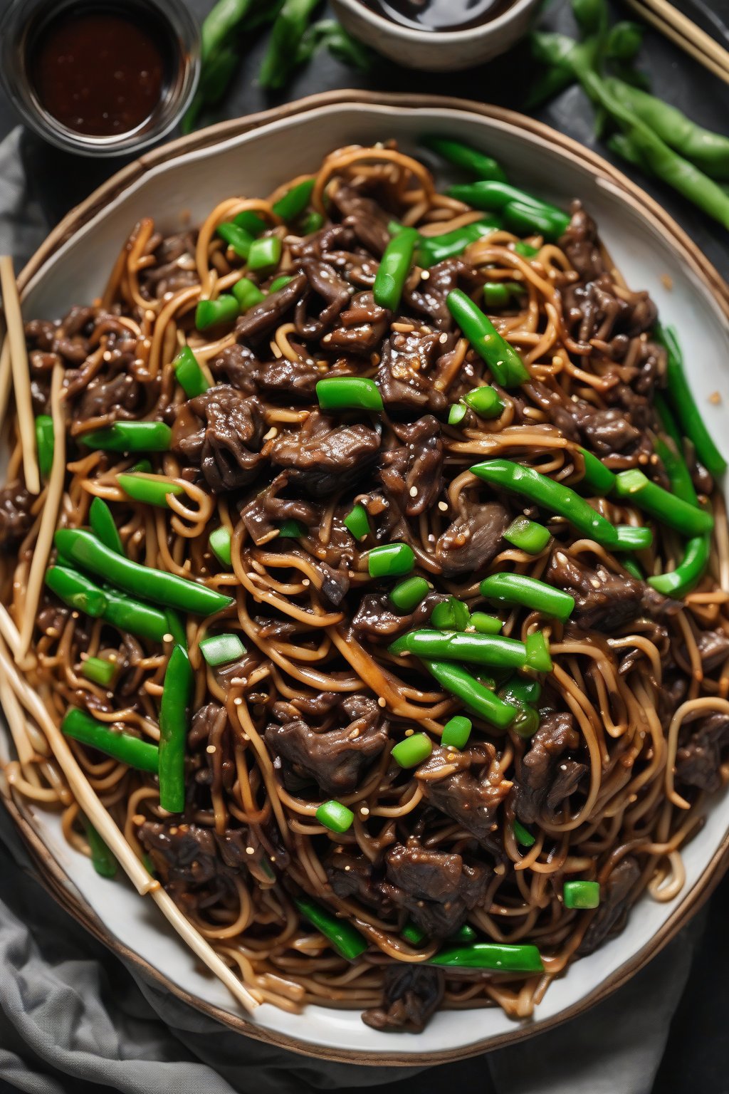 A high-resolution photo of glossy black bean beef lo mein with green beans under soft lighting.