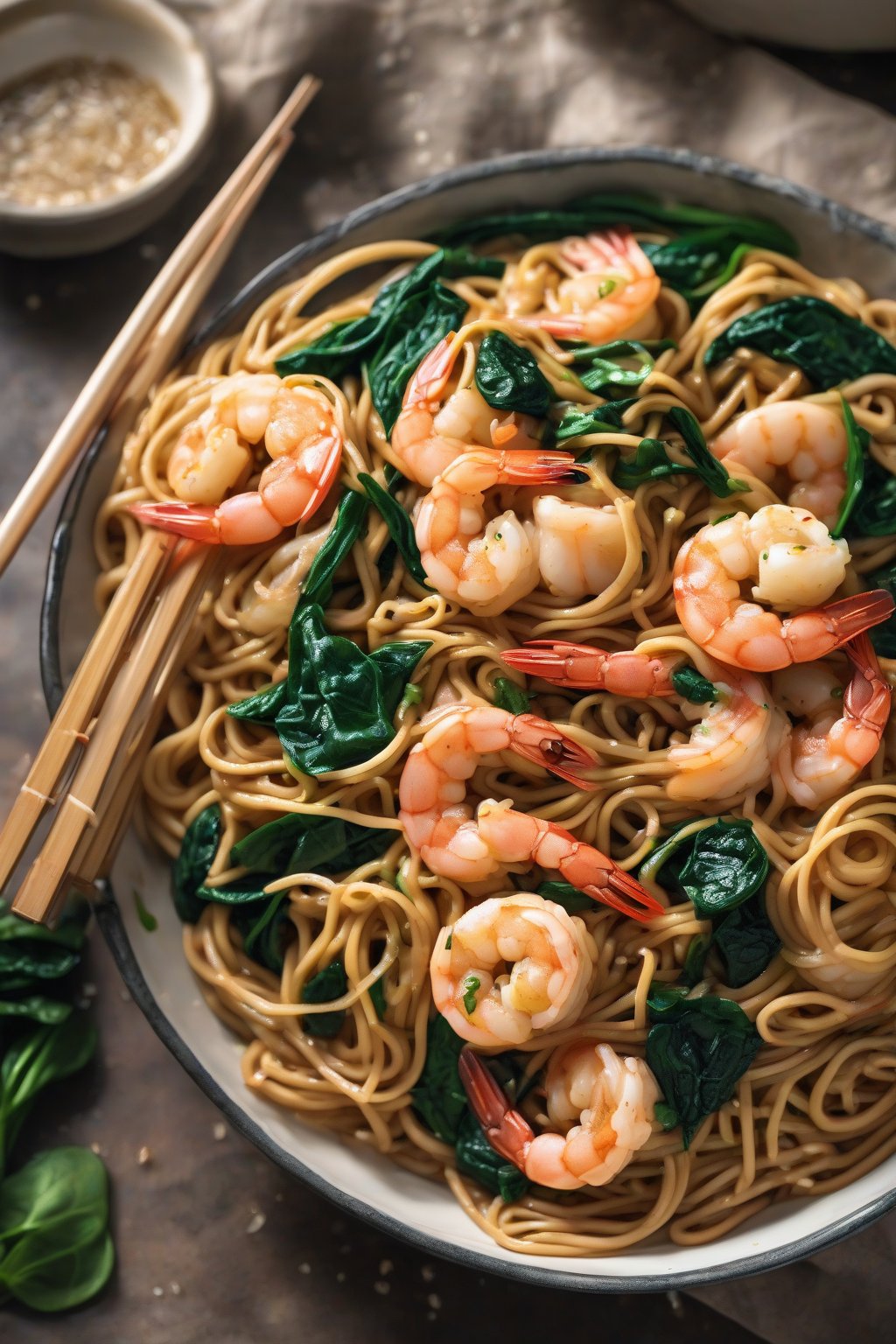 A high-resolution photo of buttery garlic shrimp lo mein with wilted spinach under soft lighting.
