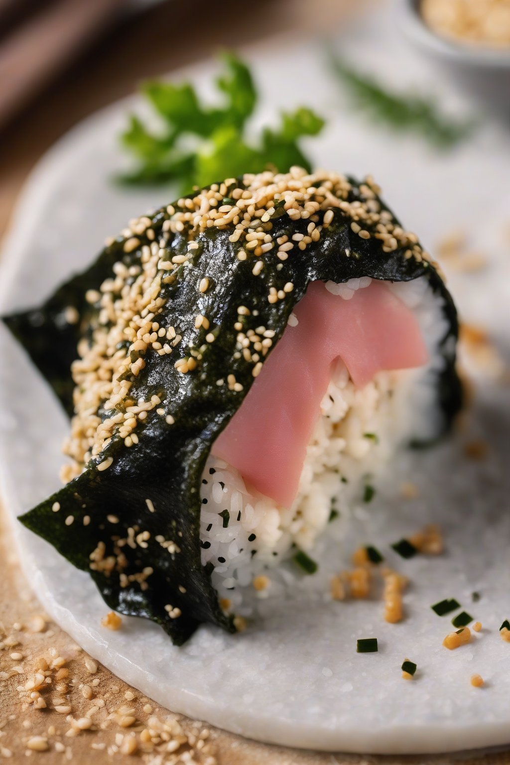 A close-up photo of golden triangle tuna mayo onigiri wrapped in nori, sesame seeds glistening, under soft lighting.