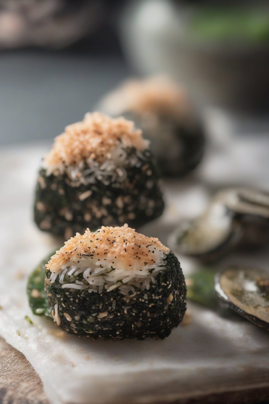 A close-up photo of plump round shiitake mushroom onigiri dusted with nori flakes, steam rising subtly, under soft lighting.