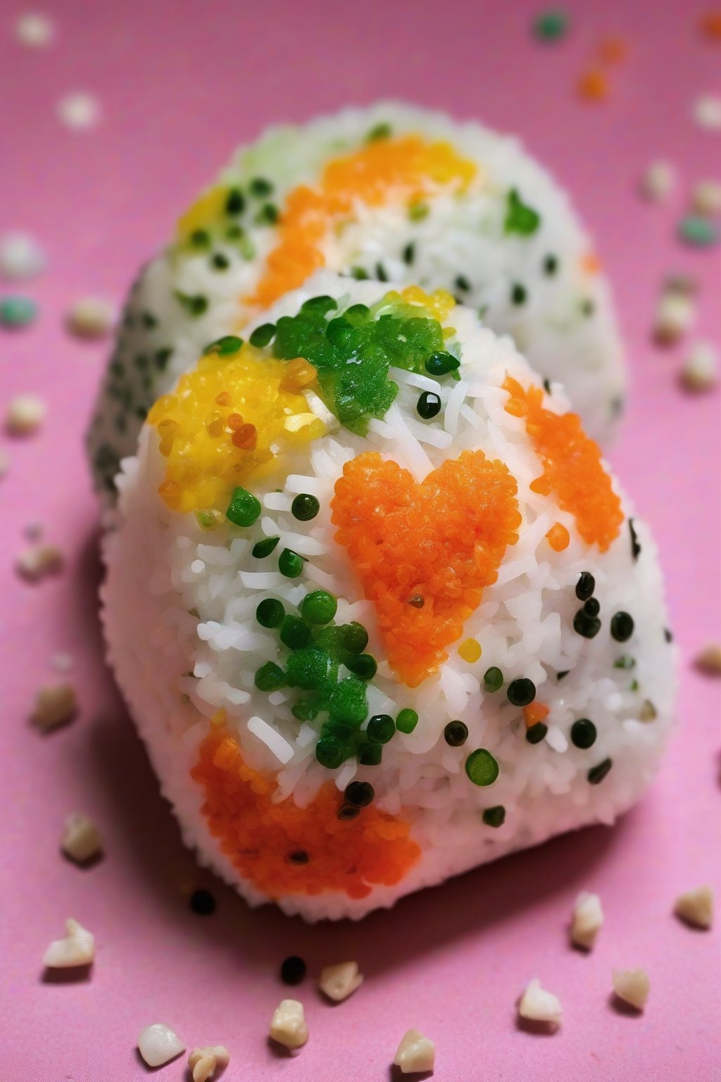 A close-up photo of vibrant heart-shaped veggie onigiri with colorful specks peeking out, under soft lighting.
