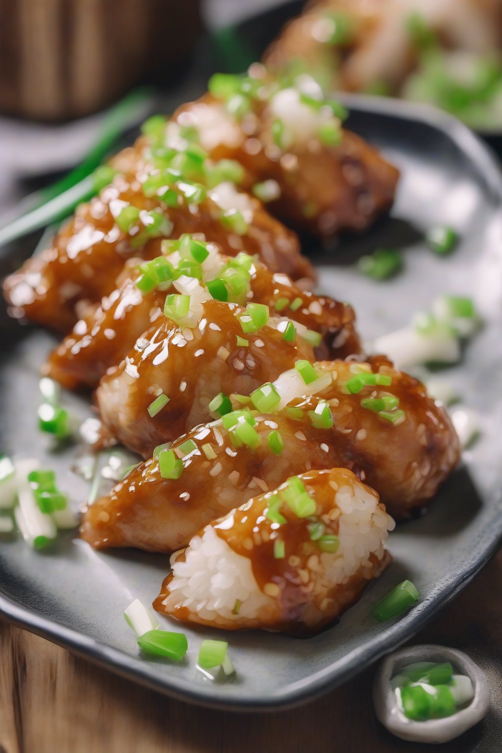 A close-up photo of shiny star-shaped teriyaki chicken onigiri garnished with green onions, under soft lighting.