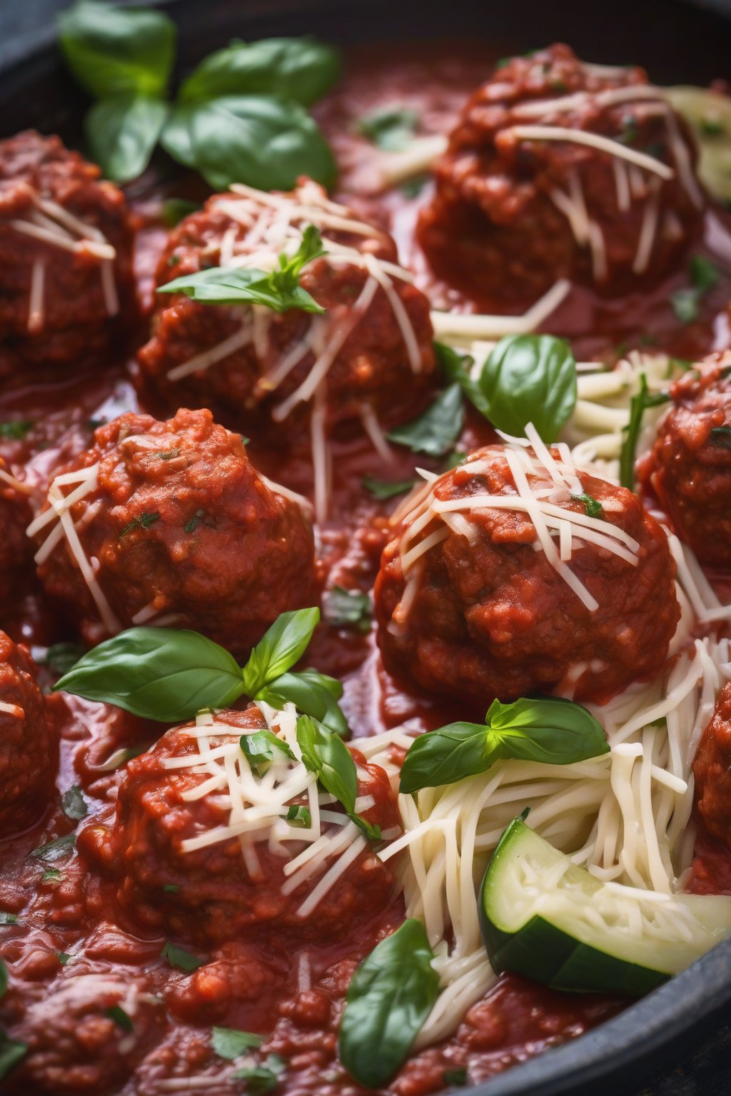 A high-resolution photo of turkey zucchini meatballs in rich marinara sauce, parmesan shavings on top, under soft lighting.