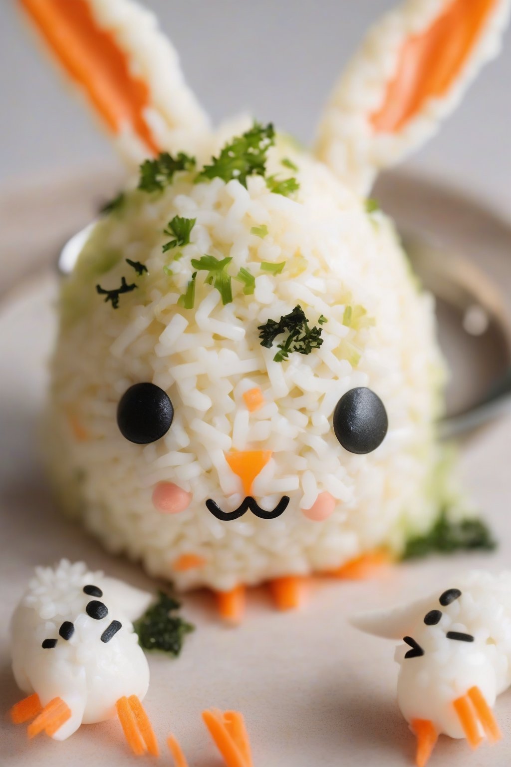 A close-up photo of cute bunny rabbit egg salad onigiri with nori eyes and carrot ears, under soft lighting.
