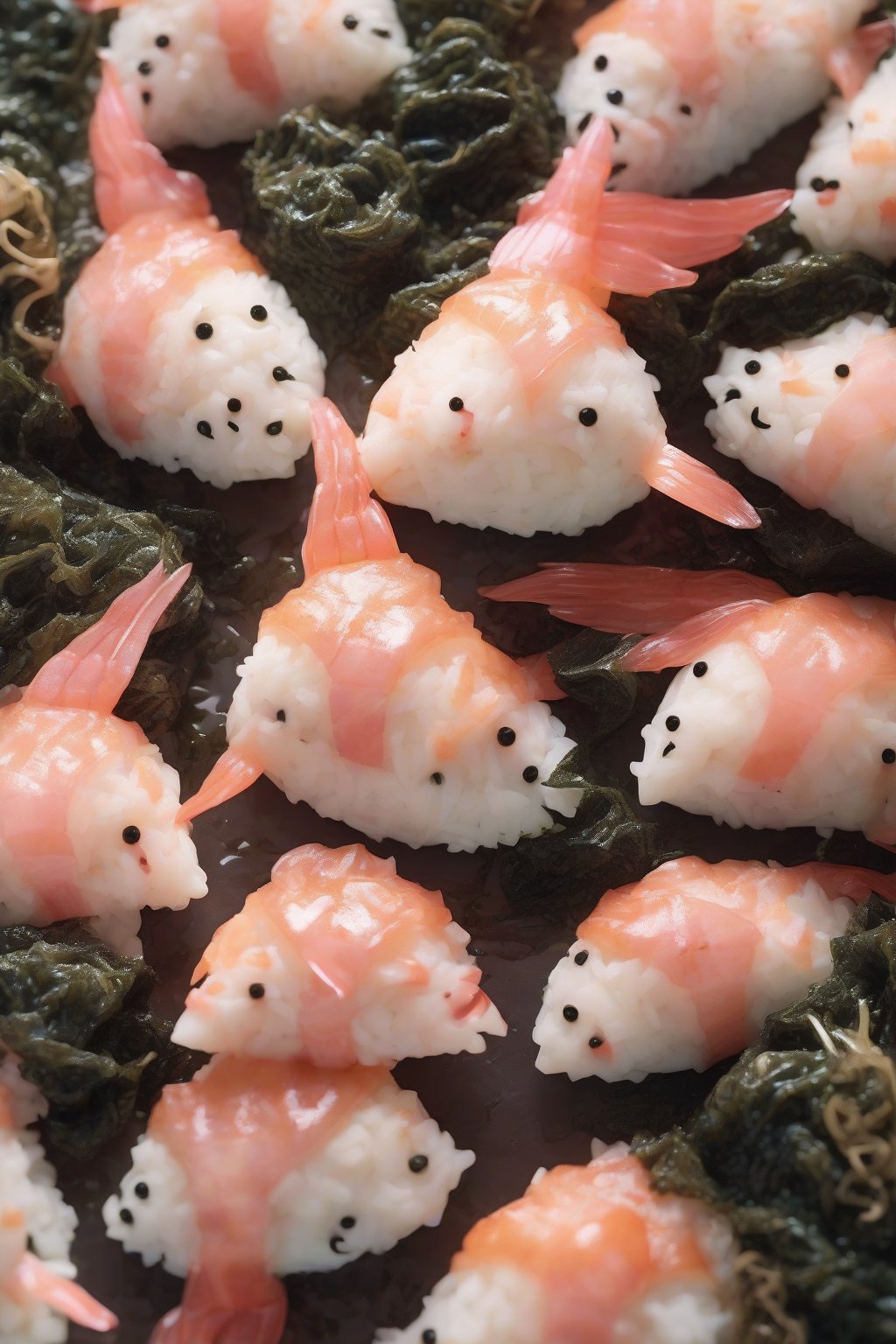 A close-up photo of detailed fish-shaped seafood onigiri with seaweed fins, pink shrimp visible, under soft lighting.