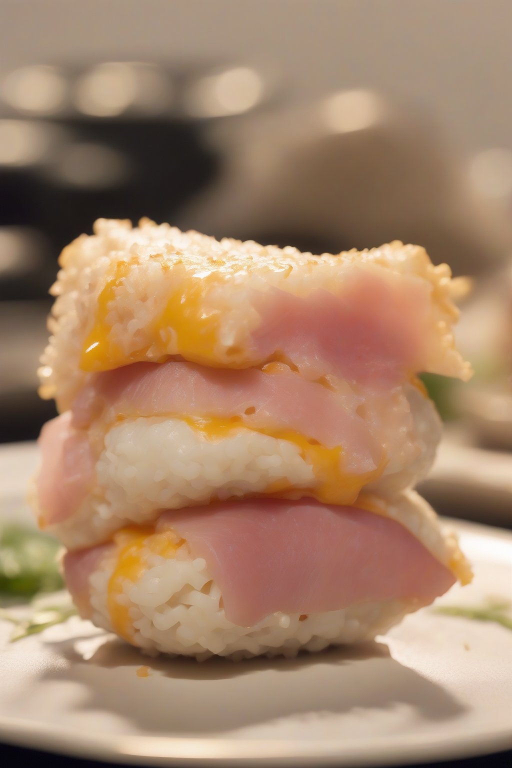 A close-up photo of crisp-edged diamond cheese and ham onigiri oozing slightly, under soft lighting.