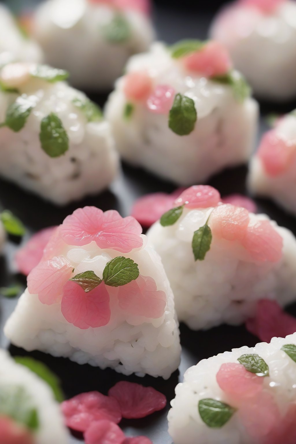 A close-up photo of delicate flower-shaped umeboshi onigiri with pink centers and shiso garnish, under soft lighting.