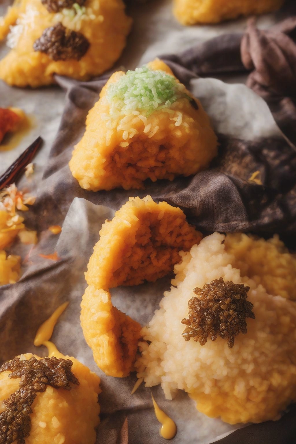A close-up photo of textured bear paw sweet potato onigiri with golden mash peeking, under soft lighting.