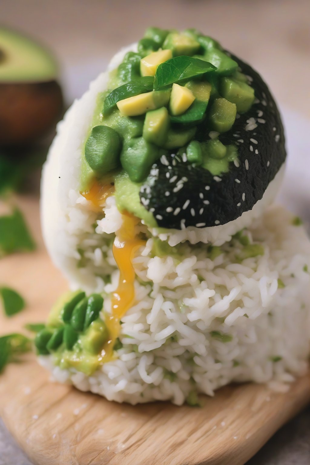 A close-up photo of smooth crescent moon avocado onigiri with green filling exposed, under soft lighting.