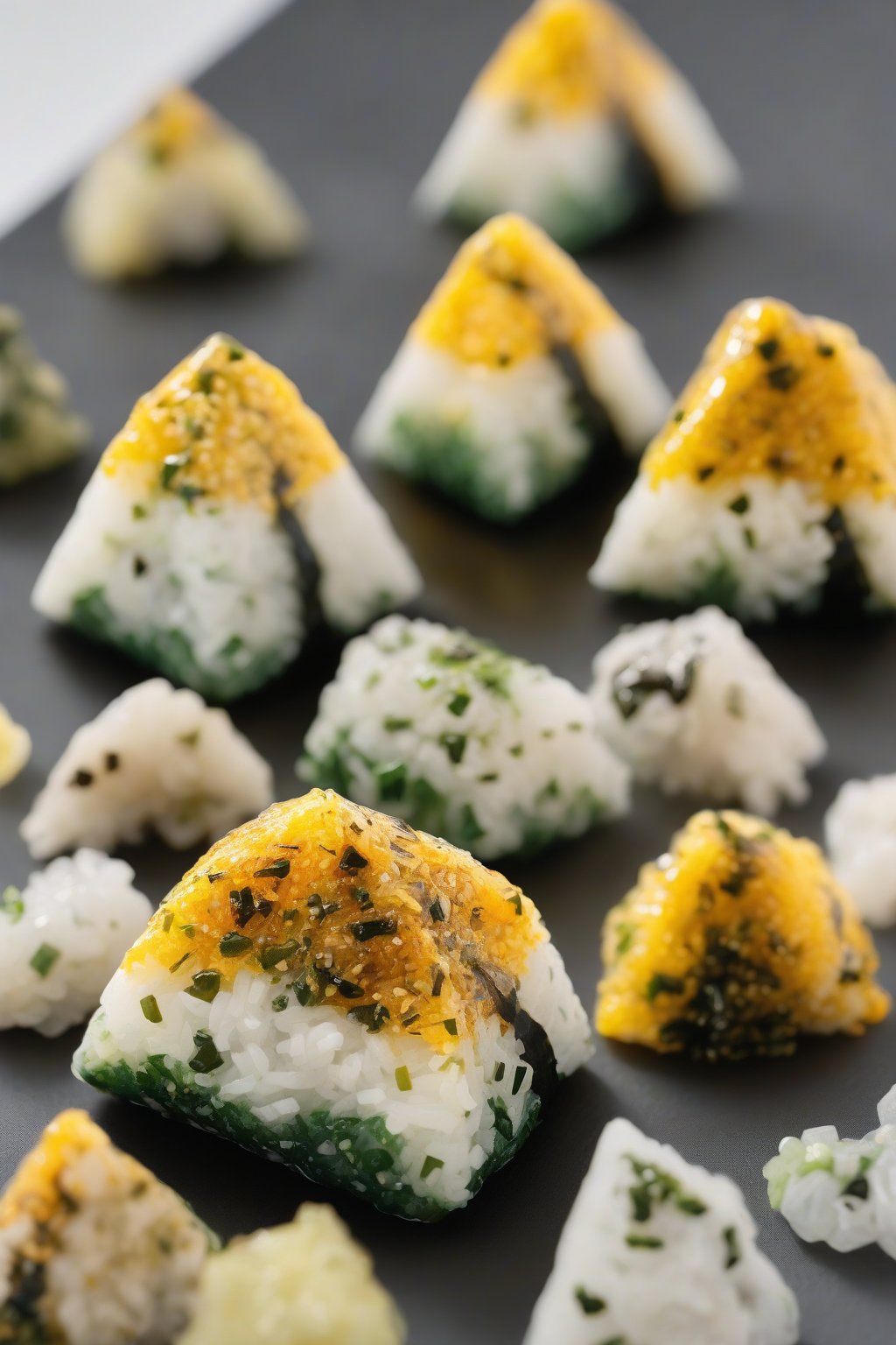 A close-up photo of geometric pyramid pickled veggie onigiri with yellow flecks, under soft lighting.