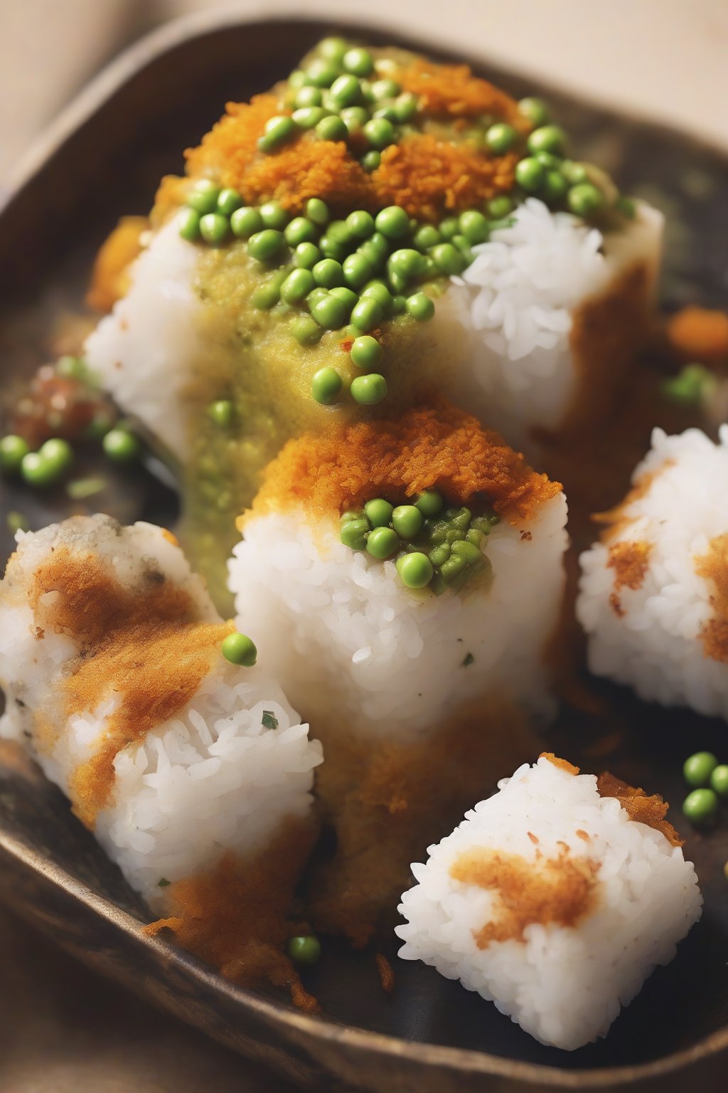 A close-up photo of spiced cube curry onigiri with pea accents, aromatic steam, under soft lighting.
