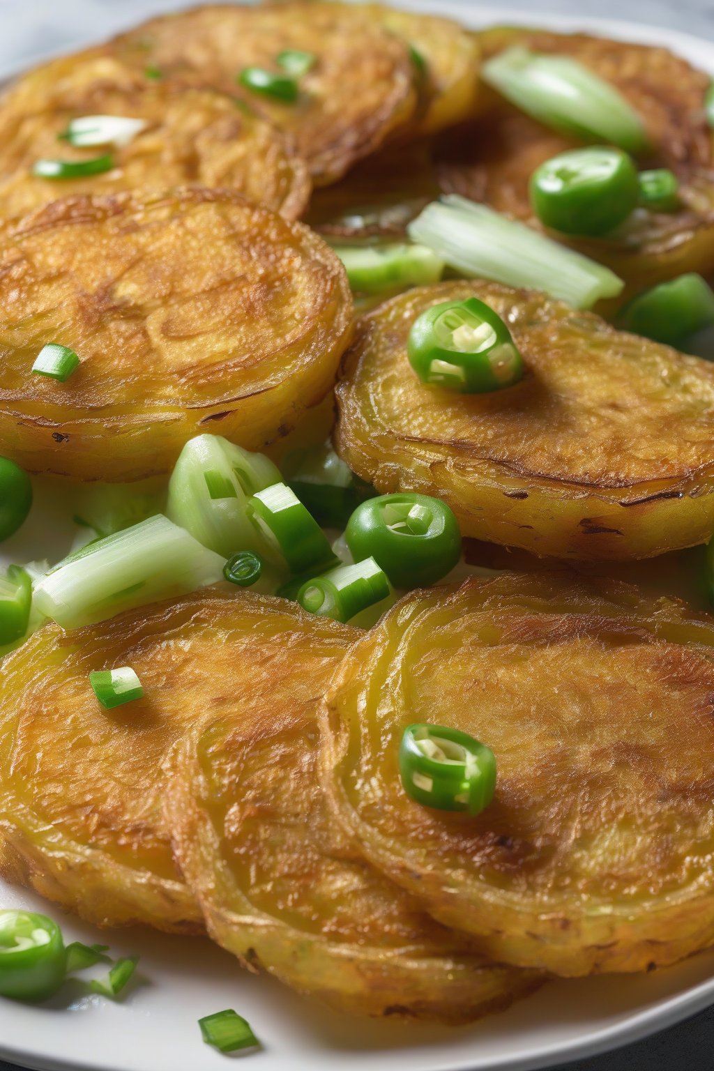 A high-resolution photo of golden fried green tomato slices stacked on a white plate, garnished with chopped green onions, under soft lighting.