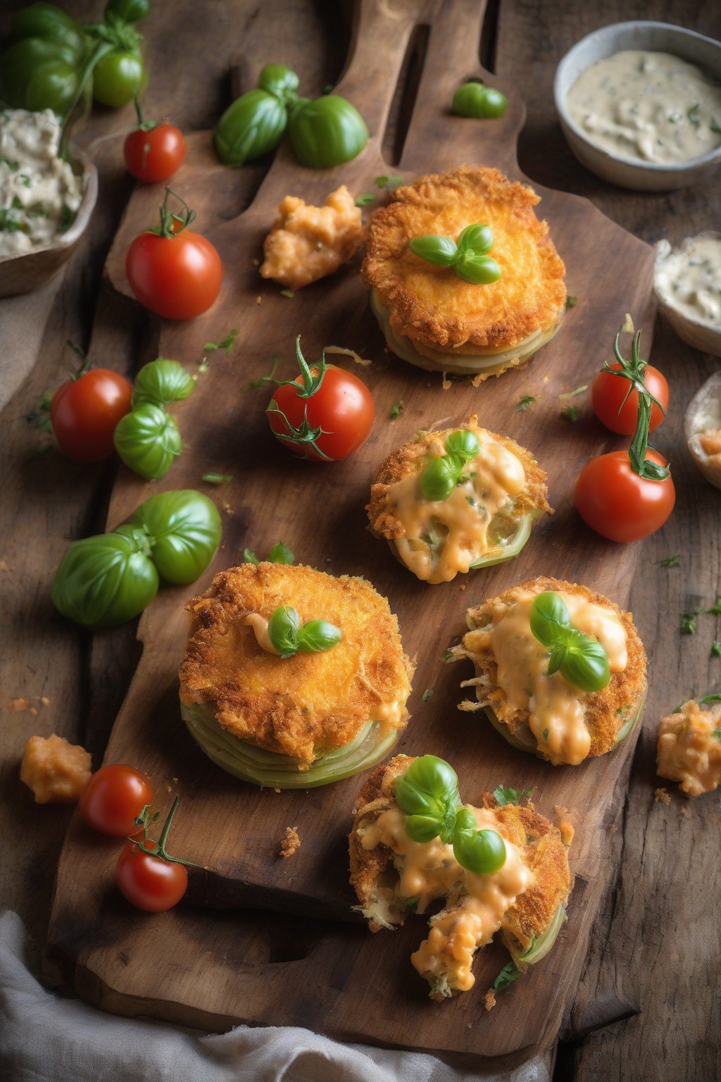 A high-resolution photo of cheesy stuffed fried green tomatoes oozing pimento cheese, on a rustic wooden board, under soft lighting.