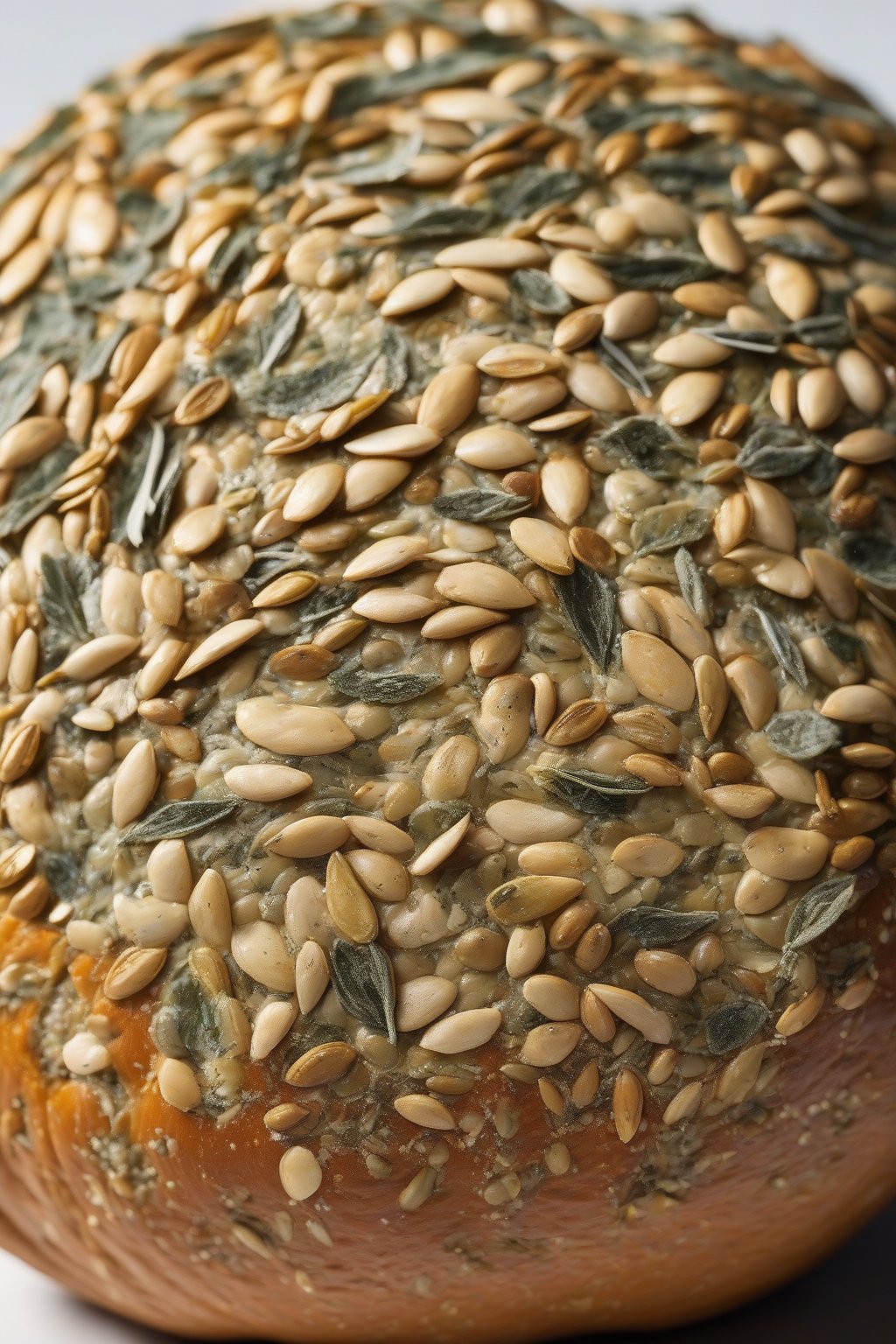 A high-resolution photo of pumpkin seed and sage sourdough with green herb flecks and seeds studding the crust, under soft lighting.