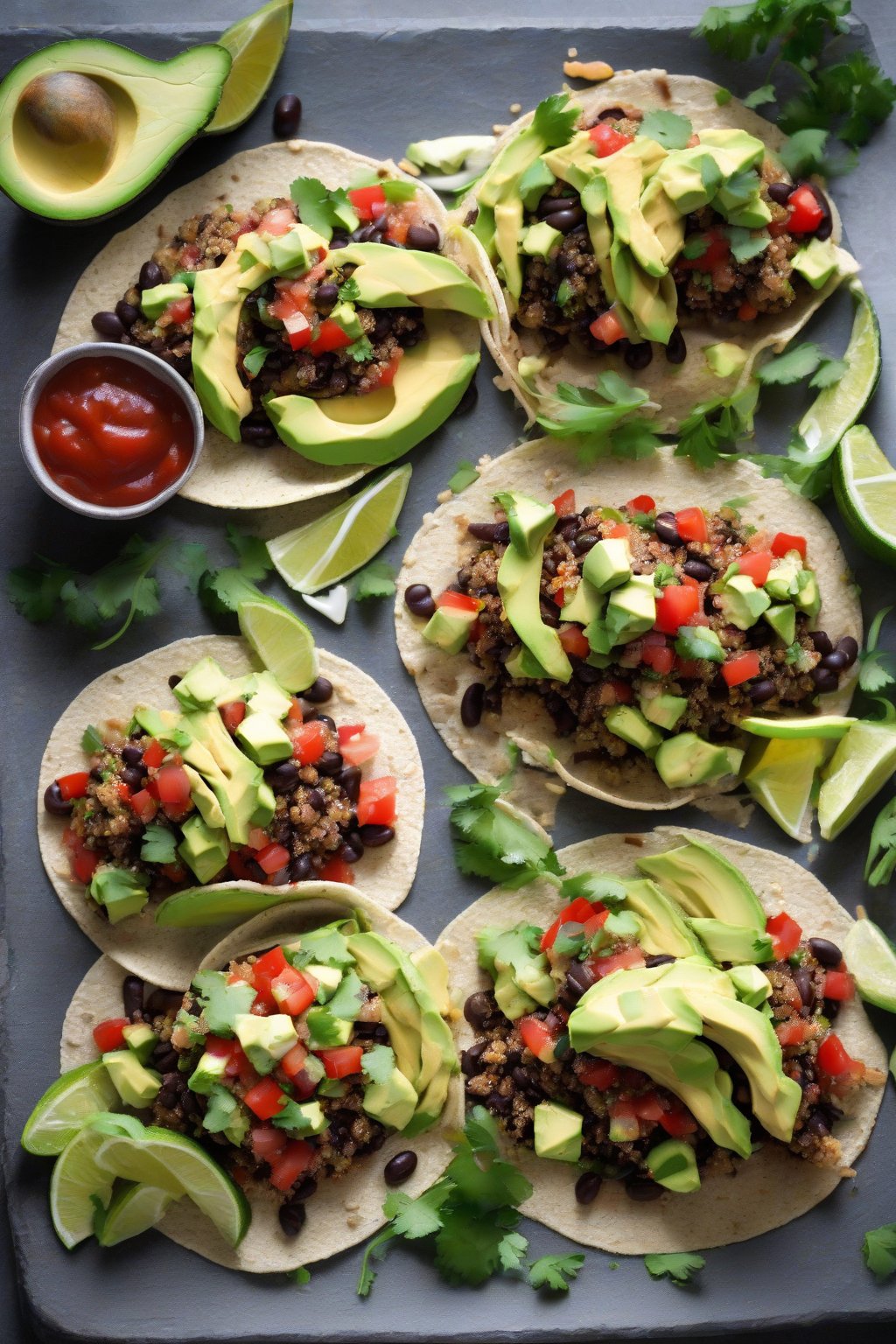 A high-resolution photo of quinoa black bean tacos open-faced with avocado and salsa, lime wedges aside, under soft lighting.