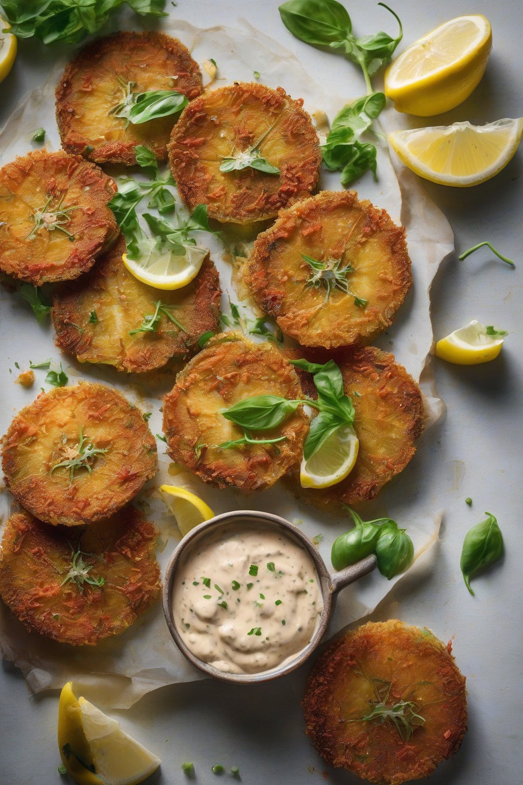 A high-resolution photo of spicy red-dusted fried green tomato slices with remoulade drizzle, beside a lemon wedge, under soft lighting.