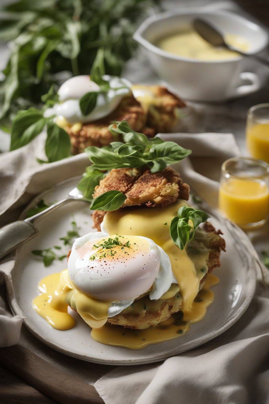 A high-resolution photo of fried green tomato Benedict with poached egg and hollandaise, on a brunch plate, under soft lighting.