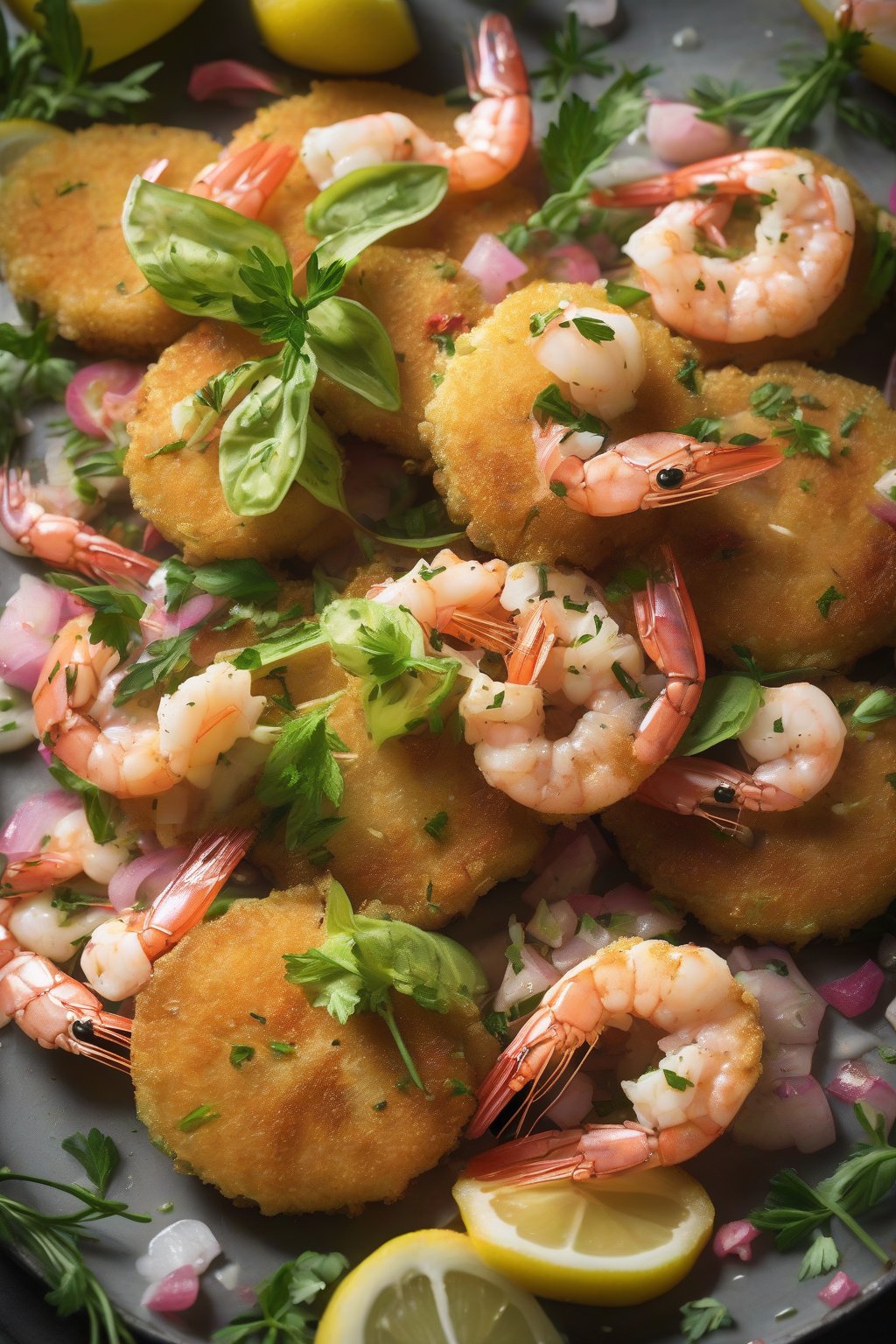 A high-resolution photo of fried green tomatoes piled high with pink sautéed shrimp and herb garnish, under soft lighting.