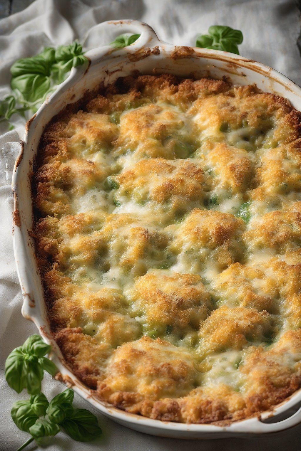 A high-resolution photo of bubbly fried green tomato Parmesan casserole with melted cheese pull, under soft lighting.