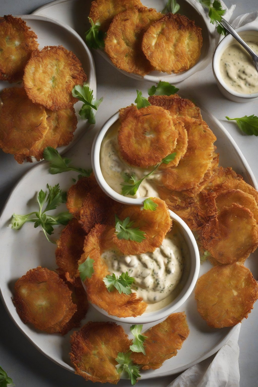 A high-resolution photo of fried green tomato slices fanned out with creamy remoulade bowl, under soft lighting.