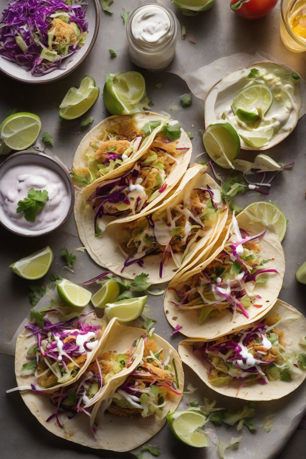 A high-resolution photo of open fried green tomato tacos with colorful slaw and crema drizzle, under soft lighting.