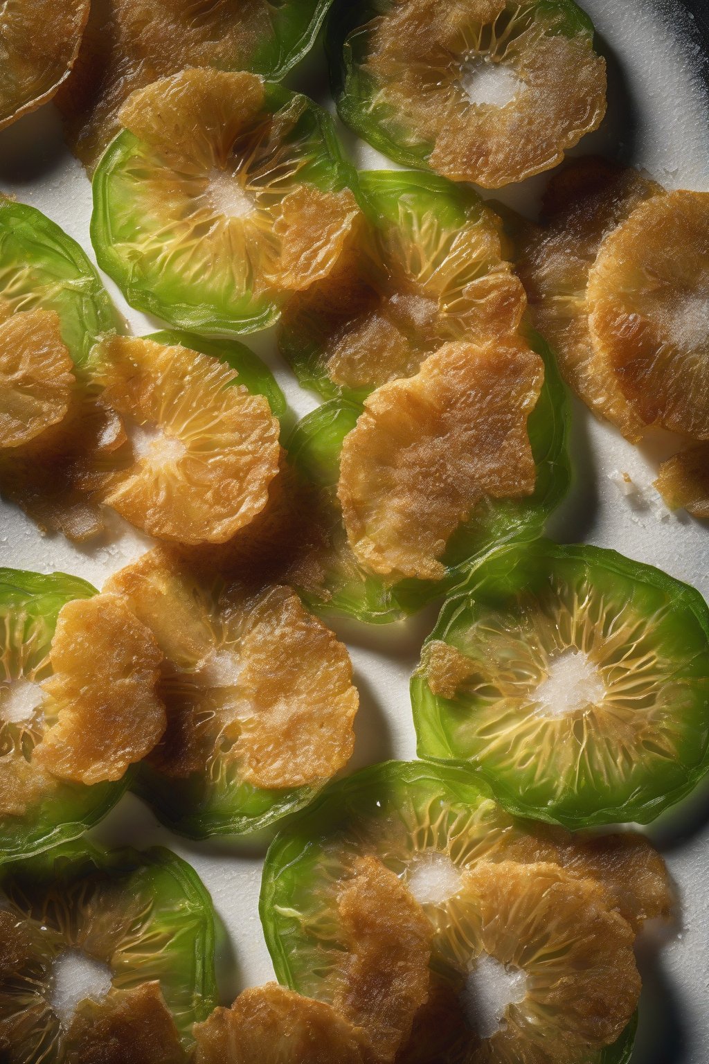 A high-resolution photo of glistening honey-glazed fried green tomato slices scattered with flaky salt, under soft lighting.