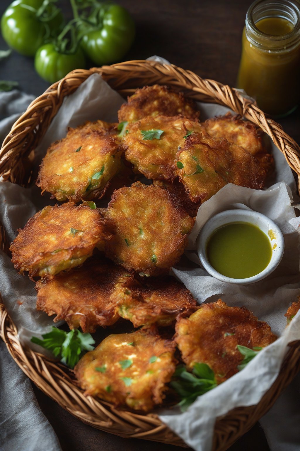 A high-resolution photo of golden fried green tomato fritters piled in a basket with dipping sauce, under soft lighting.