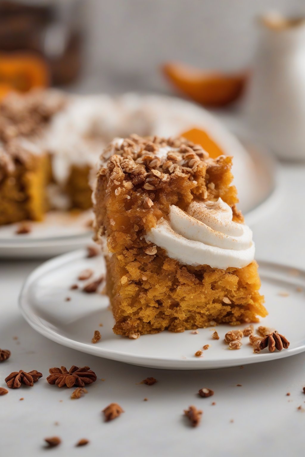 A high-resolution photo of a slice of classic pumpkin spice dump cake on a white plate, showing moist orange layers and crunchy spiced topping, under soft lighting.