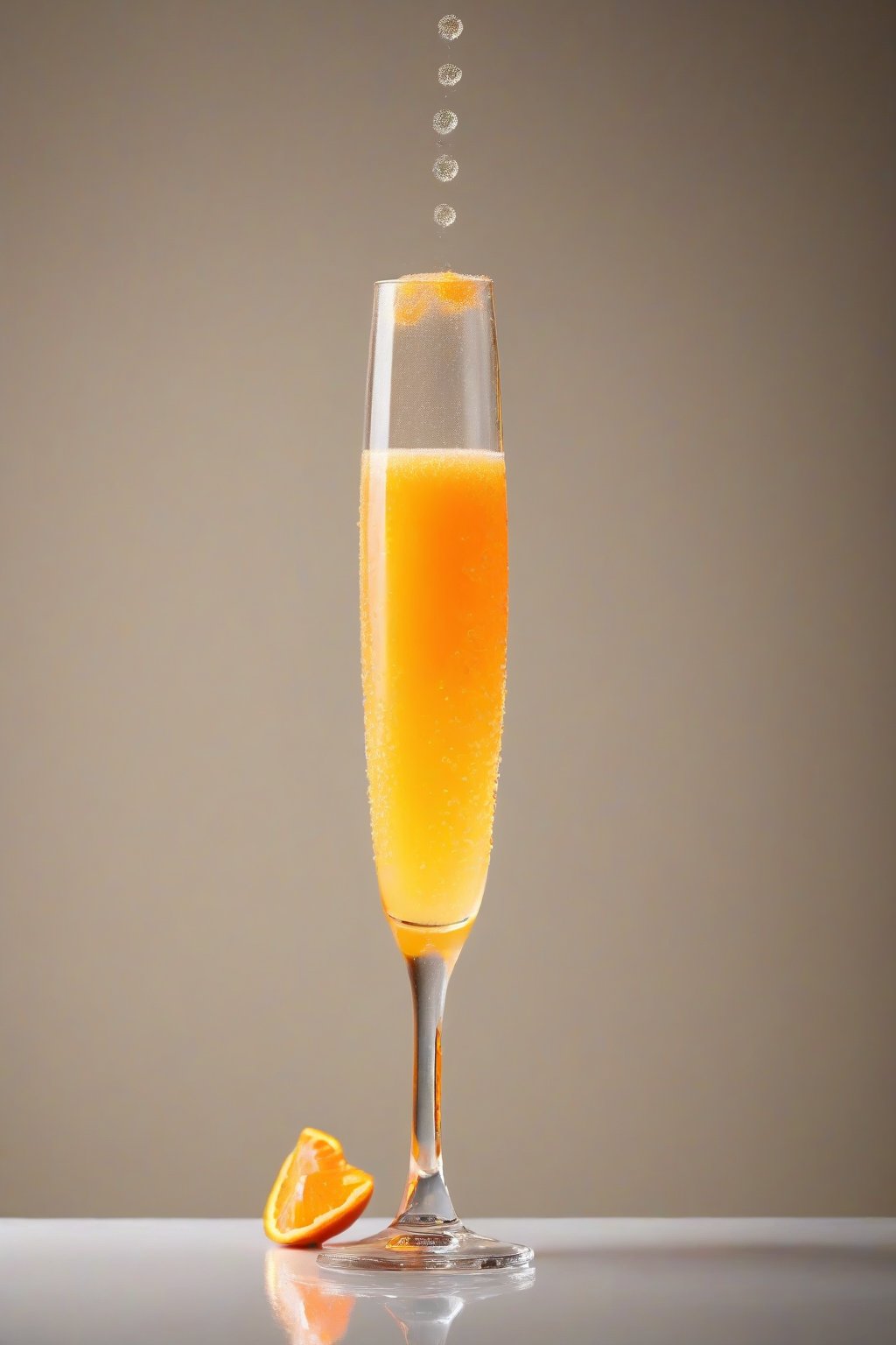 A high-resolution photo of a classic orange mimosa in a tall flute glass with an orange twist garnish, bubbles rising under soft lighting.