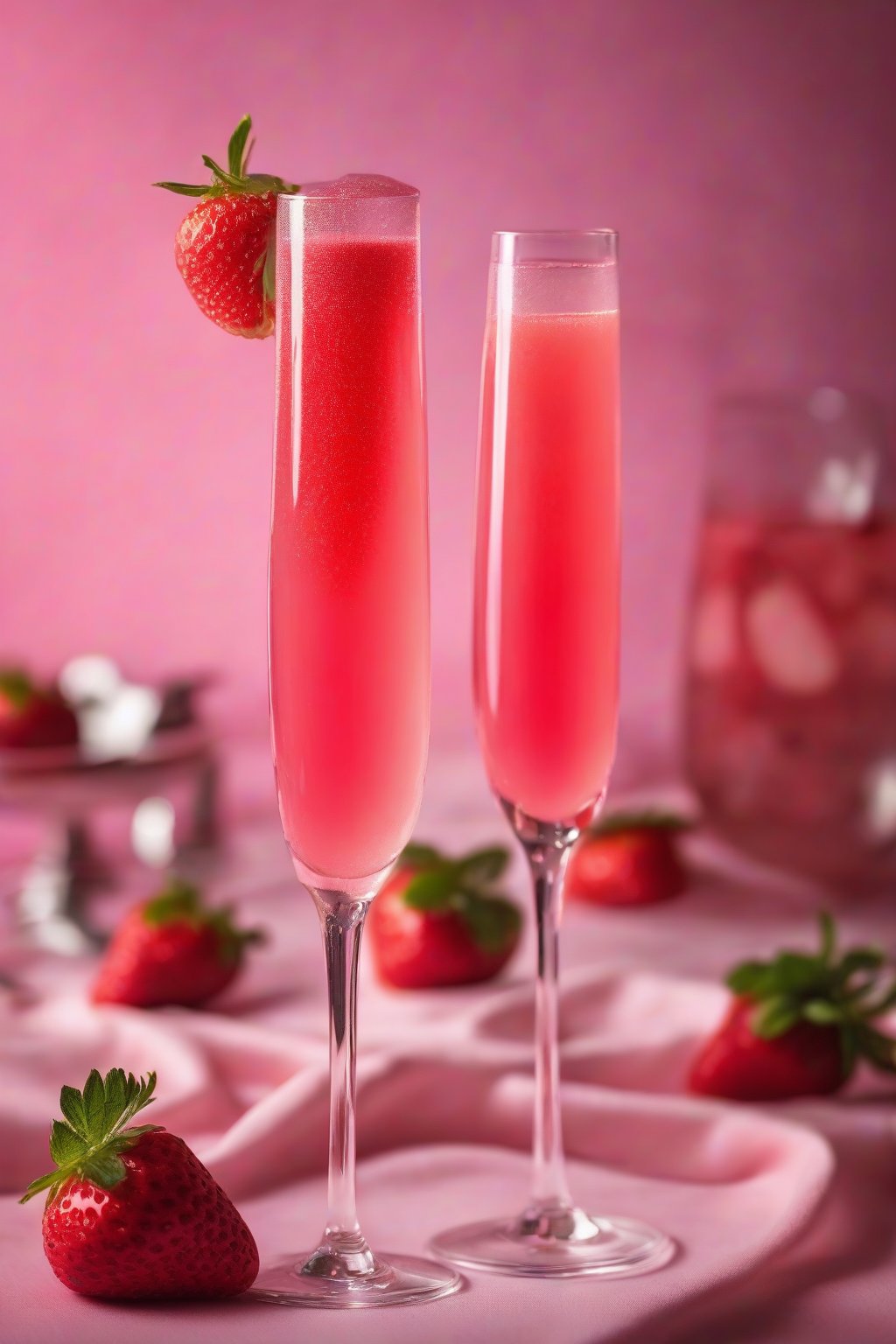 A high-resolution photo of a strawberry mimosa glowing pink in a flute, topped with a fresh berry slice under soft lighting.