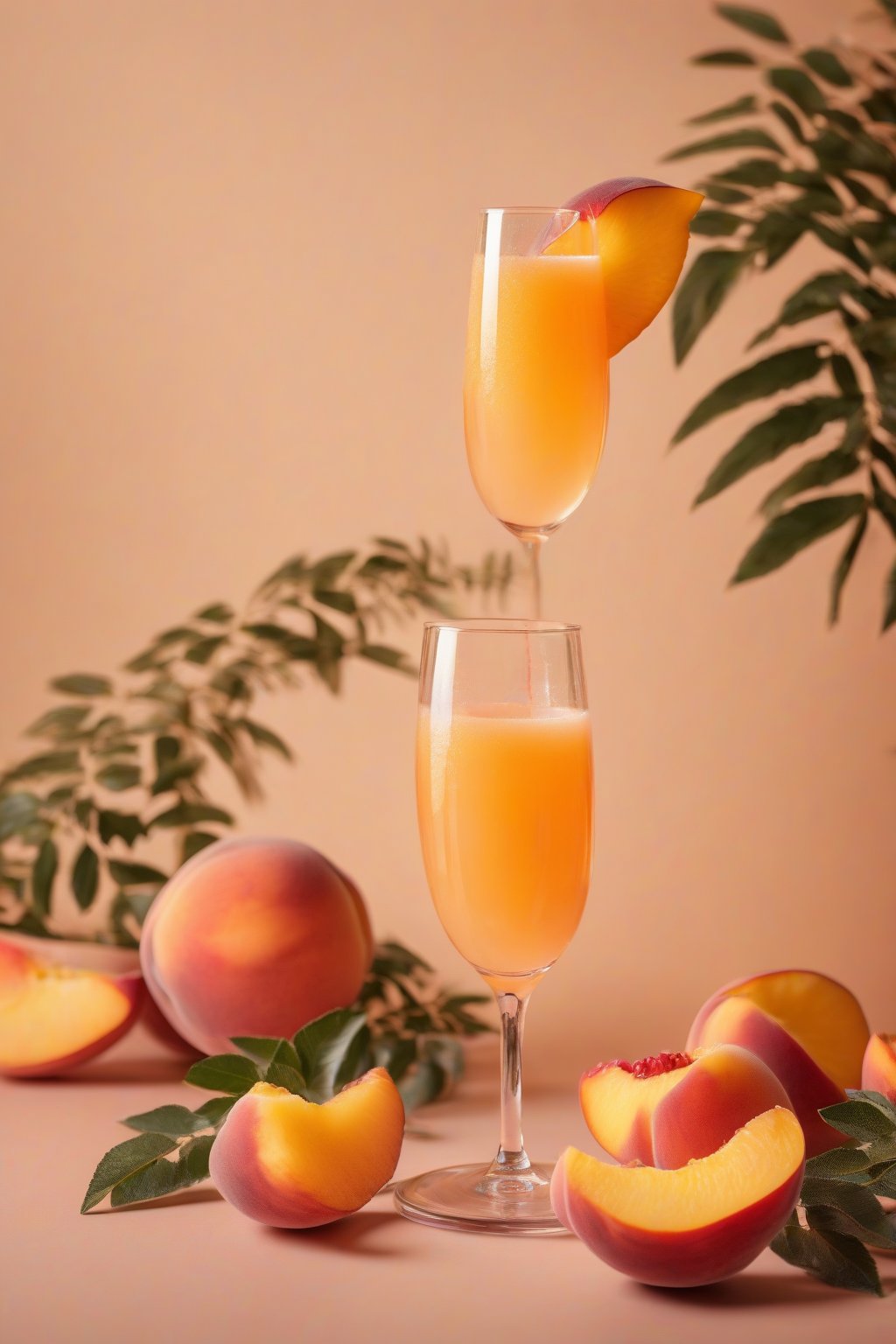 A high-resolution photo of a peachy mimosa with golden hues and a juicy peach wedge, effervescent under soft lighting.