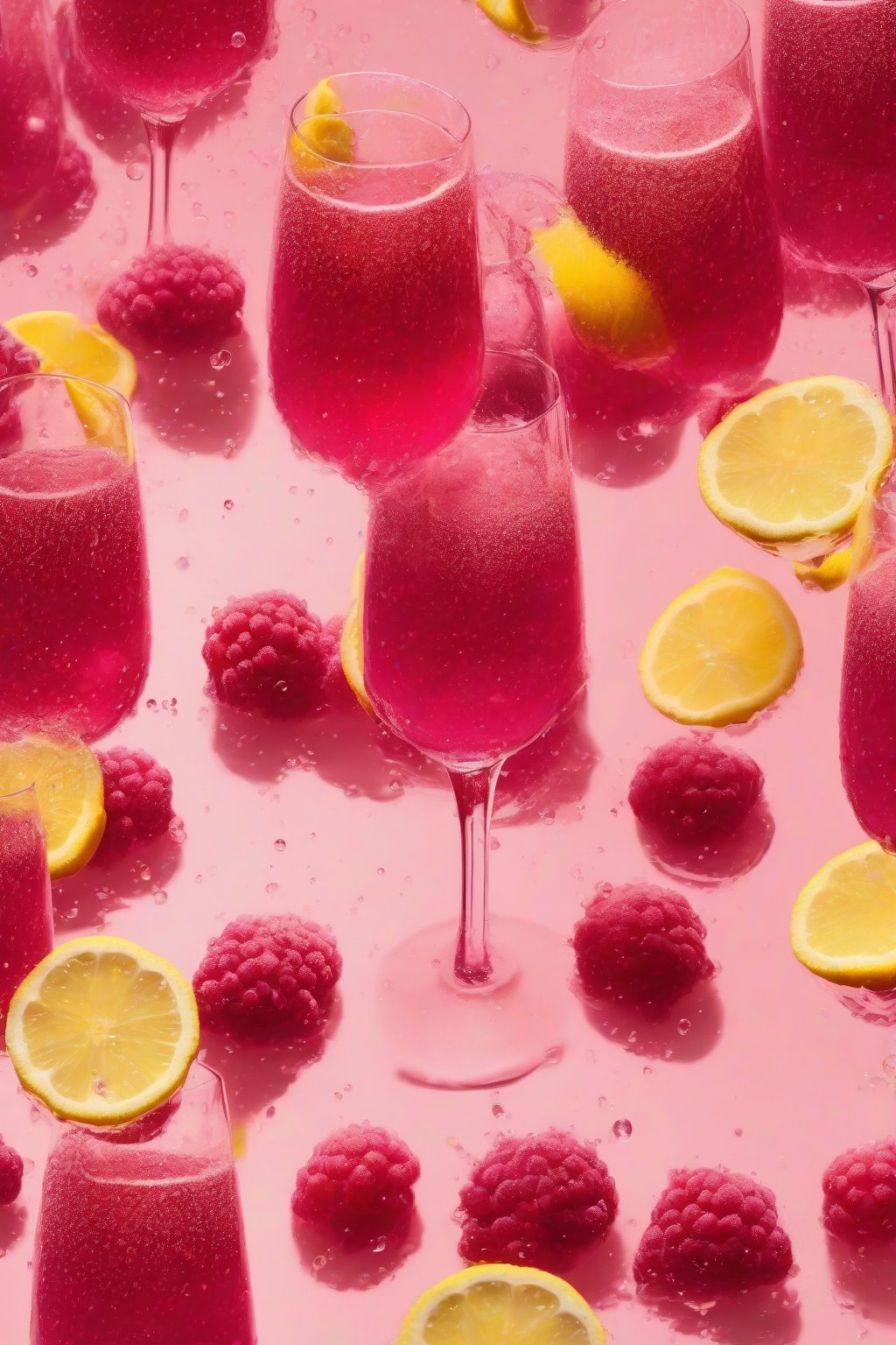 A high-resolution photo of a raspberry mimosa with deep red flecks and bubbles, lemon twist alongside under soft lighting.