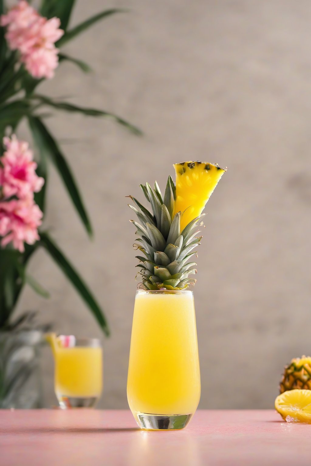 A high-resolution photo of a pineapple mimosa in a sunny flute with a fresh chunk garnish, tropical fizz under soft lighting.