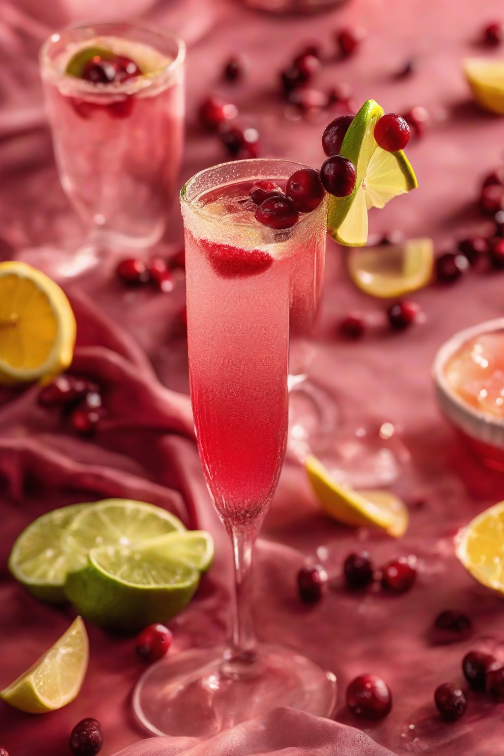 A high-resolution photo of a cranberry mimosa with ruby red layers and lime wheel, sparkling under soft lighting.