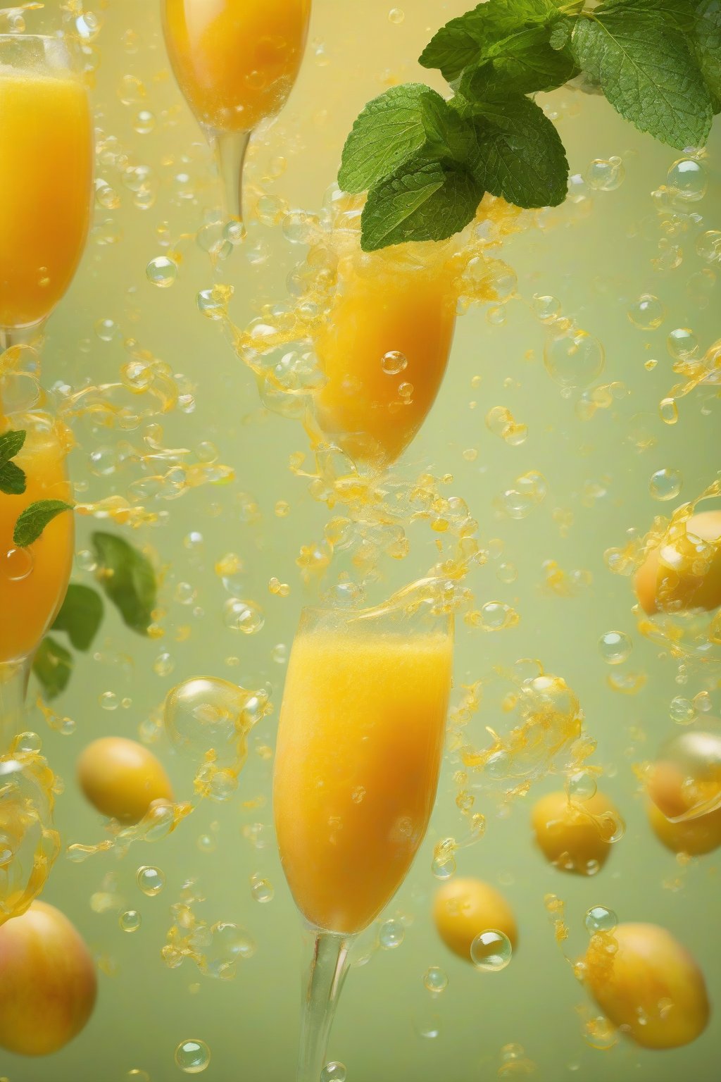A high-resolution photo of a mango mimosa swirling orange-yellow with mint sprig, bubbles dancing under soft lighting.