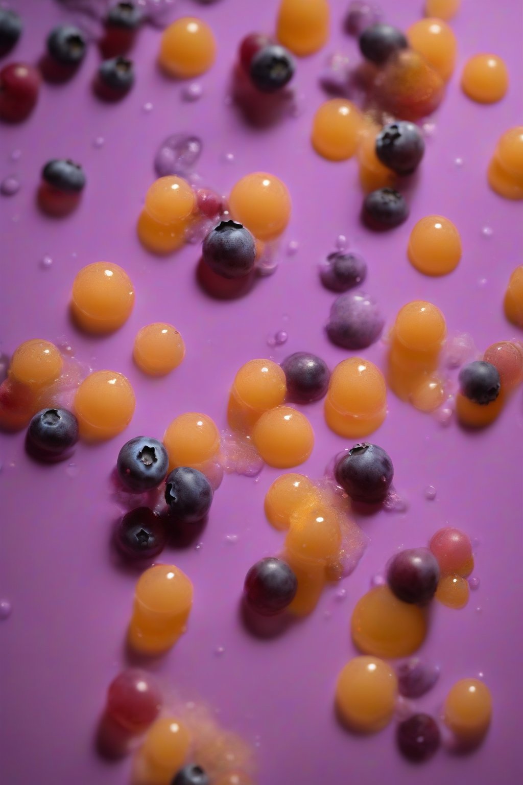 A high-resolution photo of a blueberry mimosa with violet specks and whole berries floating, under soft lighting.
