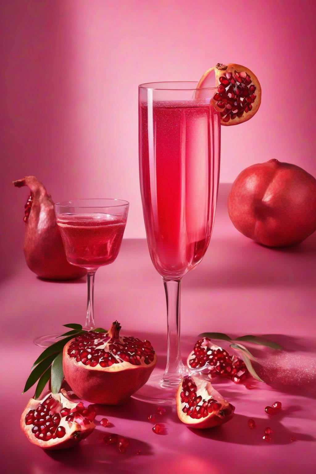 A high-resolution photo of a pomegranate mimosa with ruby arils cascading, elegant fizz under soft lighting.
