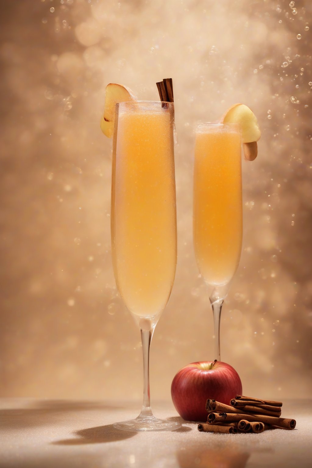 A high-resolution photo of an apple cider mimosa with golden tones and cinnamon stick, steamy bubbles under soft lighting.