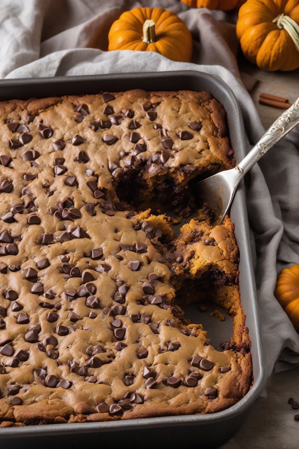 A high-resolution photo of pumpkin chocolate chip dump cake fresh from the oven, oozing melty chocolate over golden crust, under soft lighting.
