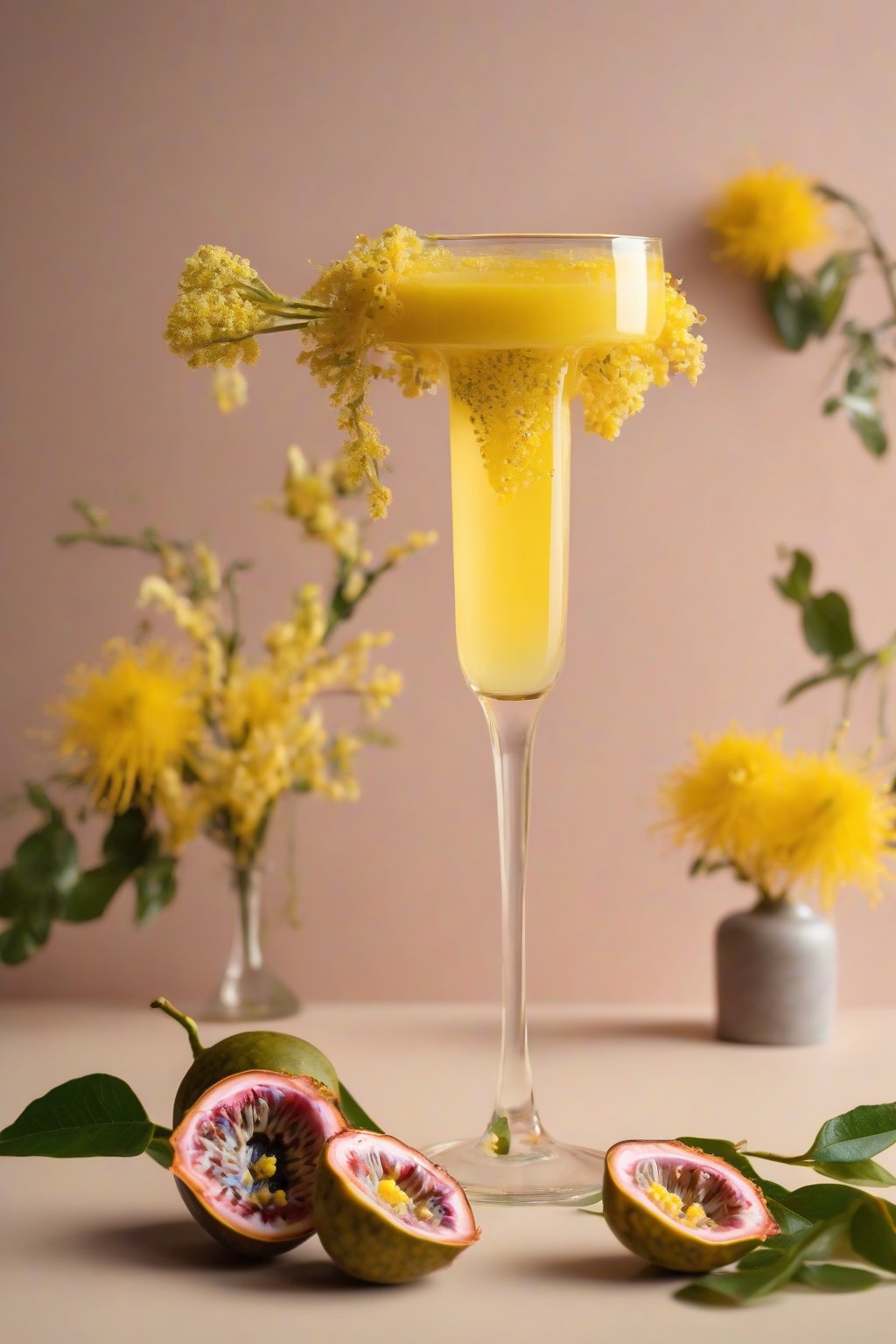 A high-resolution photo of a passionfruit mimosa with seeded yellow pulp and flower topper, vibrant under soft lighting.