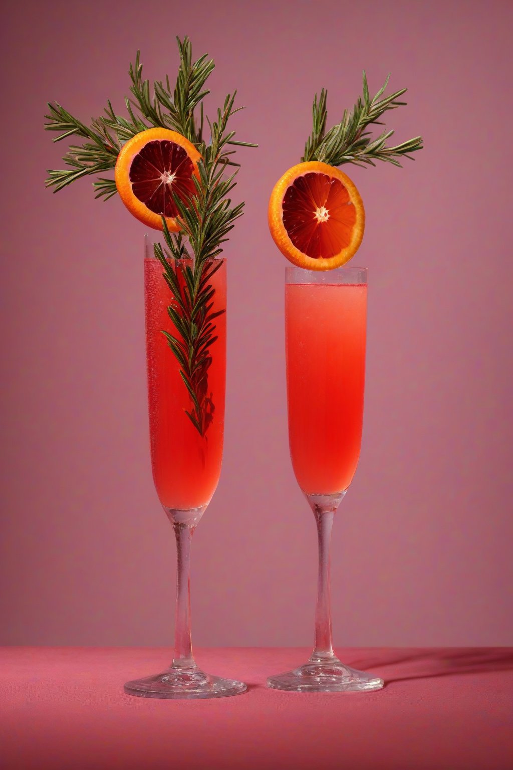 A high-resolution photo of a blood orange mimosa in deep crimson, rosemary sprig garnish under soft lighting.