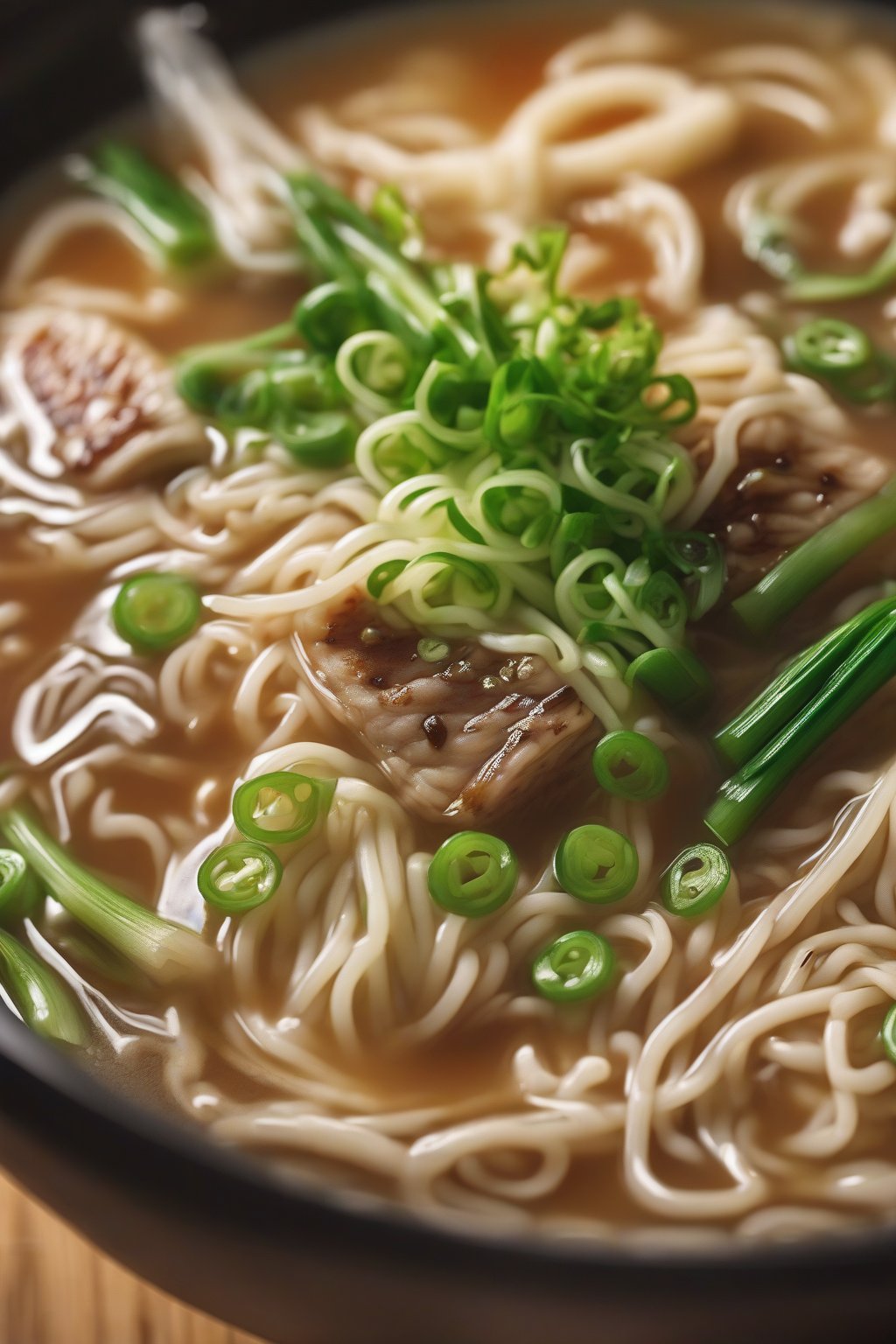 A close-up photo of steaming classic Buldak ramen topped with green onions under soft lighting.