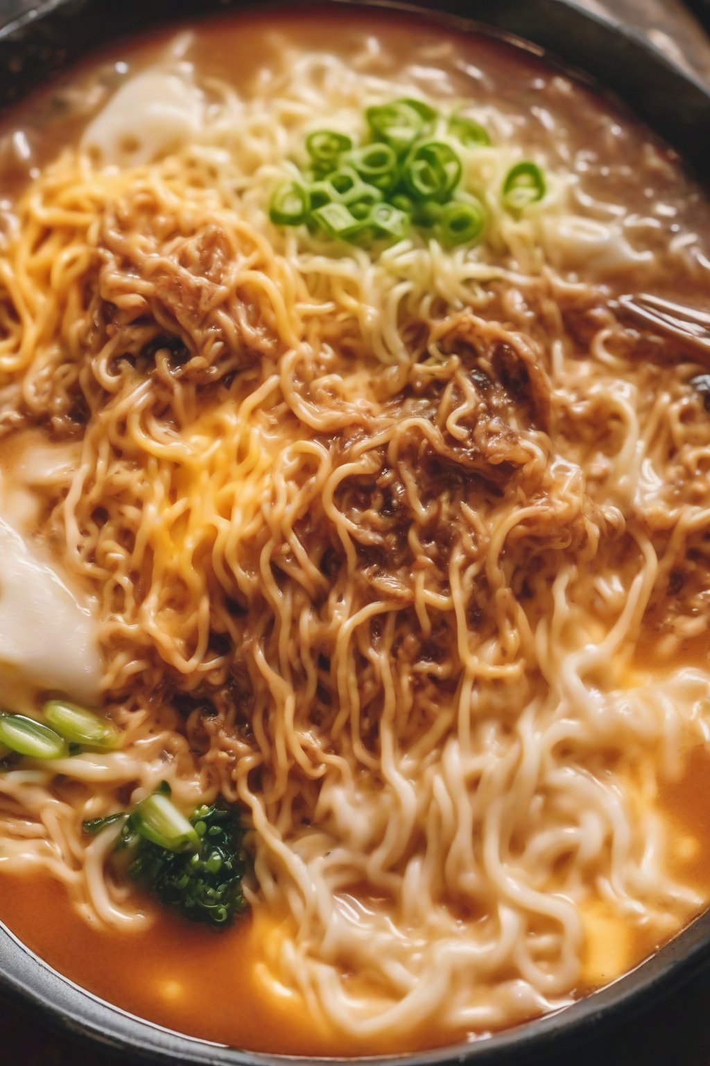 A close-up photo of cheesy Buldak ramen with gooey pulls under soft lighting.