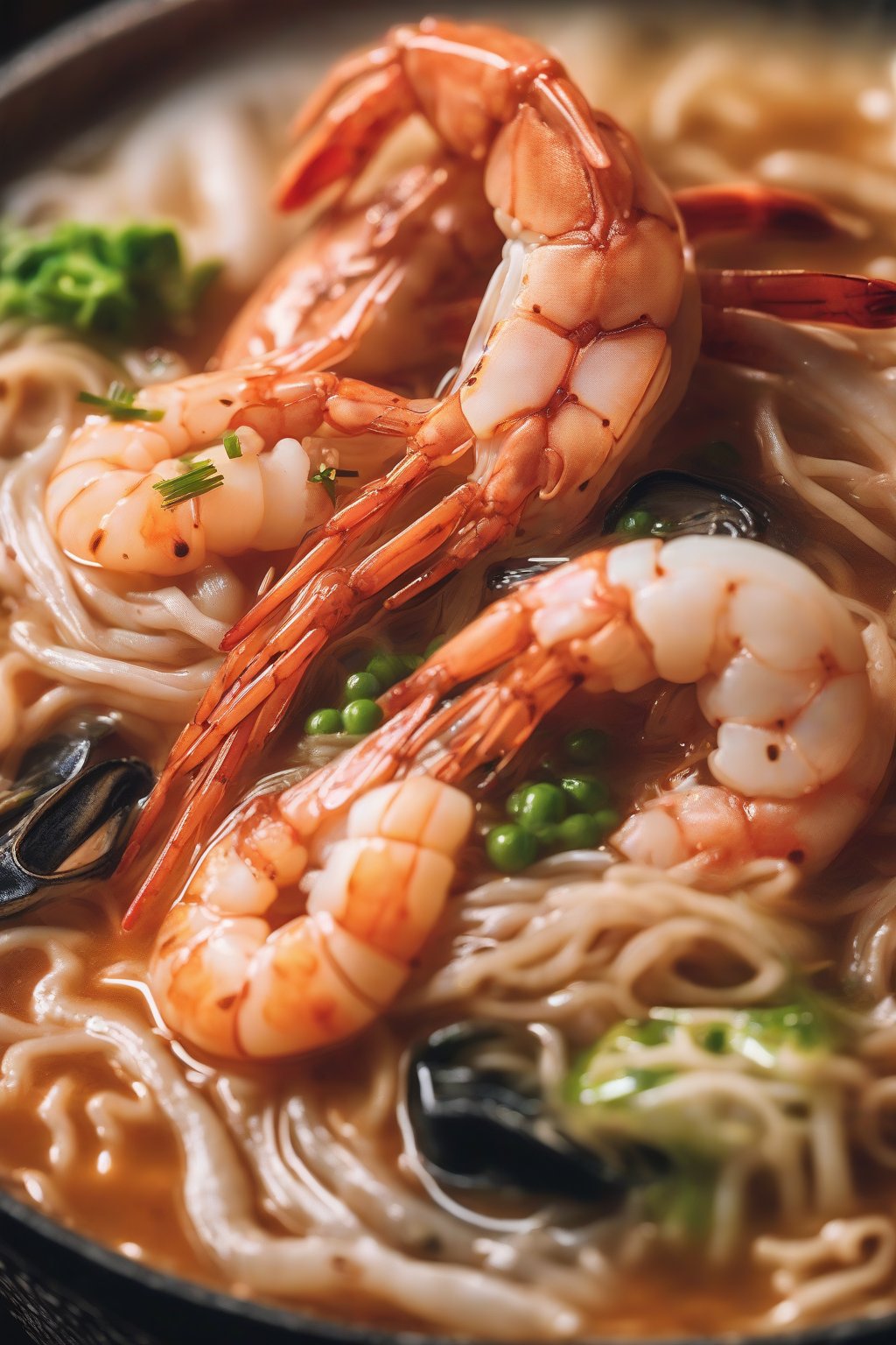 A close-up photo of seafood Buldak ramen with shrimp and squid under soft lighting.