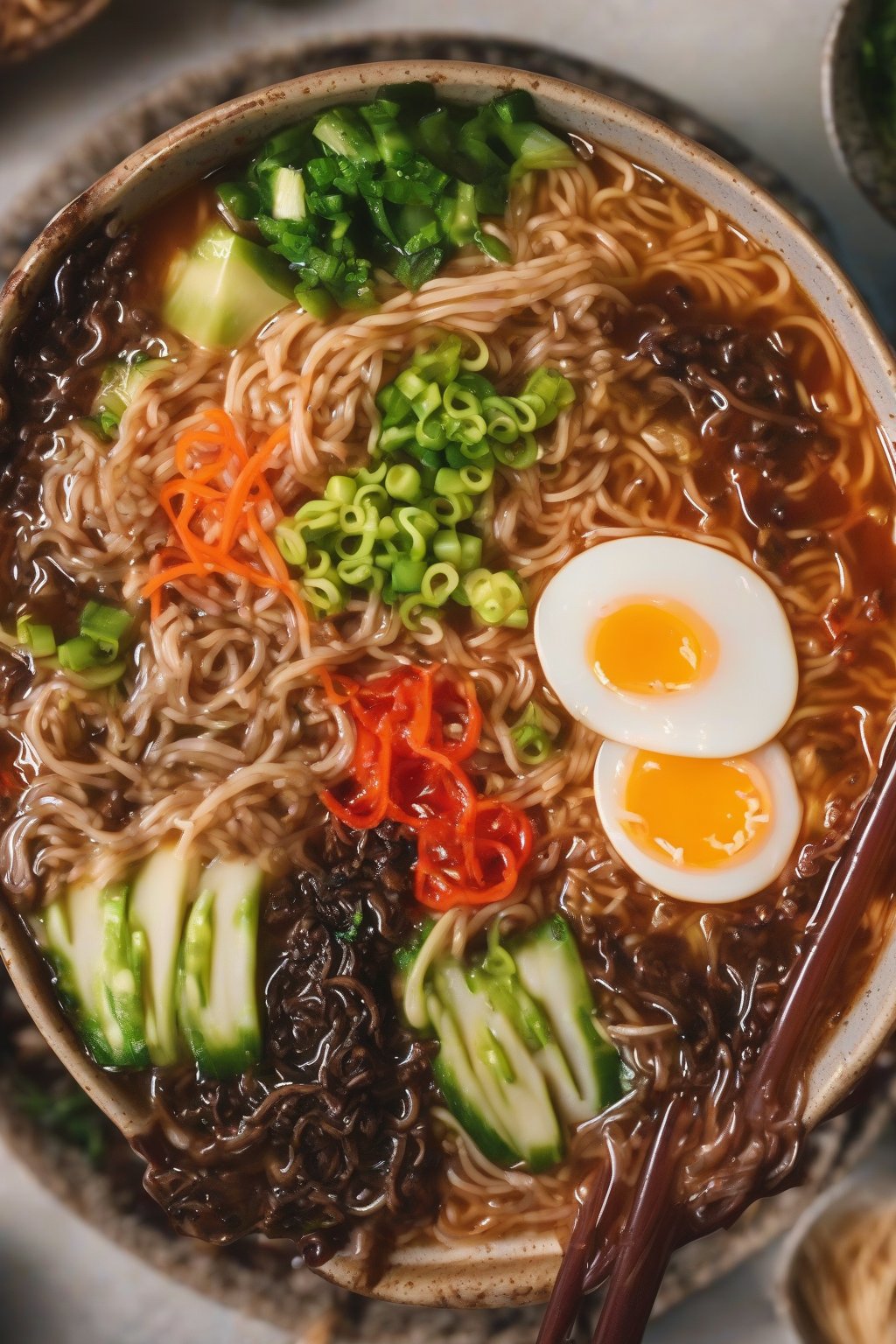 A close-up photo of veggie-packed Buldak ramen with colorful stir-ins under soft lighting.