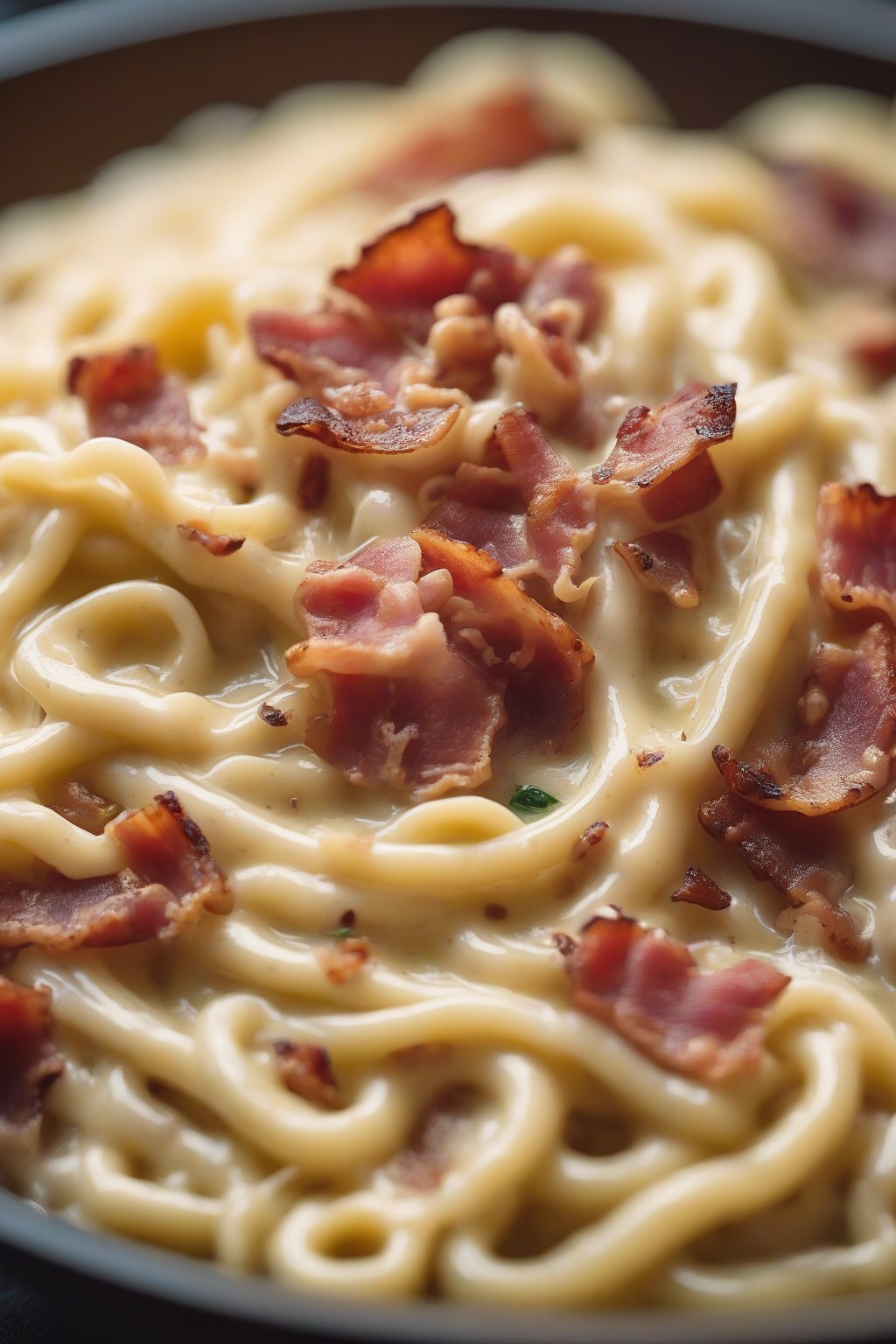 A close-up photo of creamy Buldak carbonara ramen with bacon bits under soft lighting.
